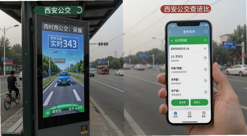 西安公交站牌实时到站显示屏和手机查询界面对比图