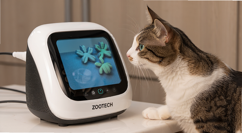猫咪靠近ZOOTECH智能宠物设备好奇观察图