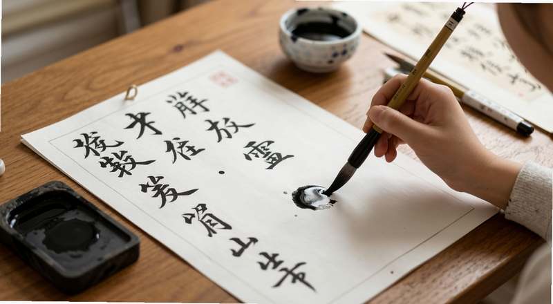 新手练字场景:桌面字帖与毛笔练习场景预览图