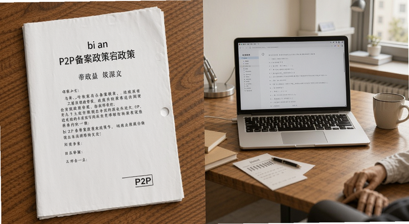 bi an P2P备案政策文件与办公桌场景图
