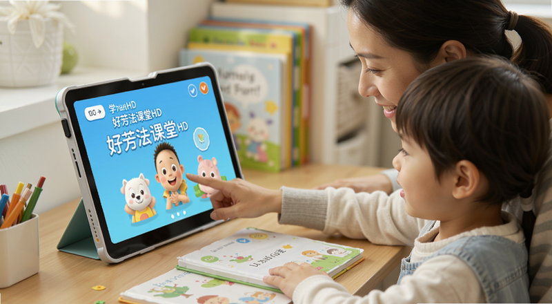 家长陪伴孩子使用好芳法课堂HD学习场景图