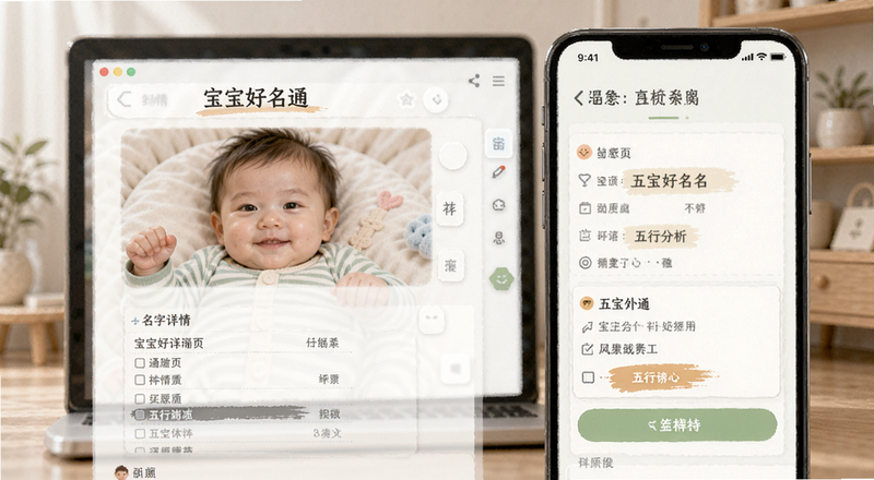 宝宝好名通名字详情页与五行分析界面图