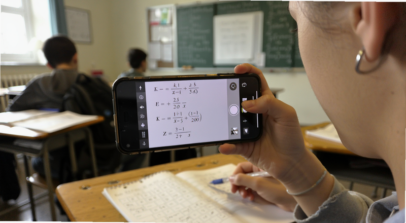 学生用手机拍摄数学作业题目场景