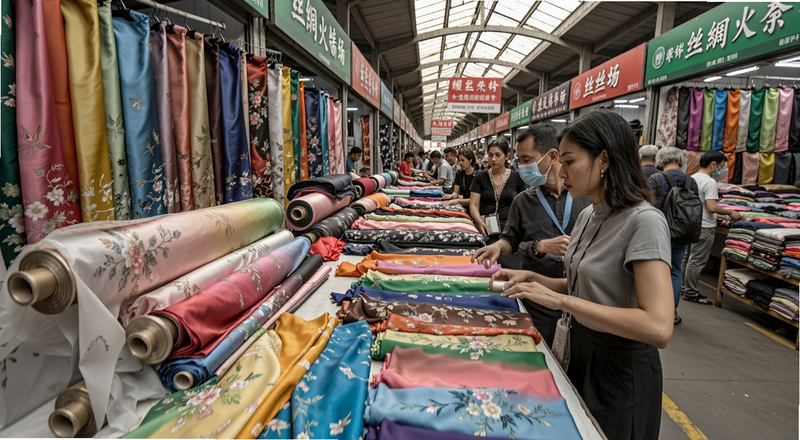 丝绸面料批发市场选货场景图