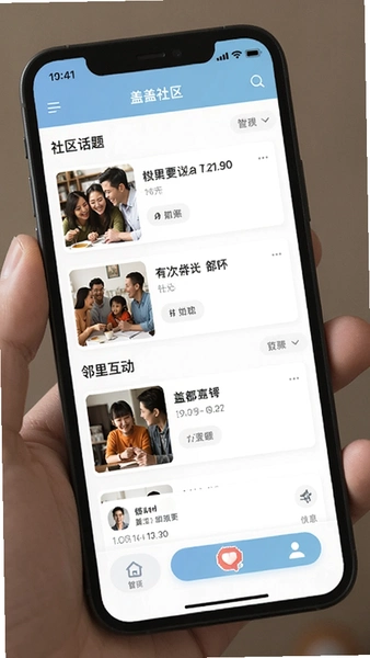 盖盖社区手机界面展示 社区话题列表与邻里互动功能页面