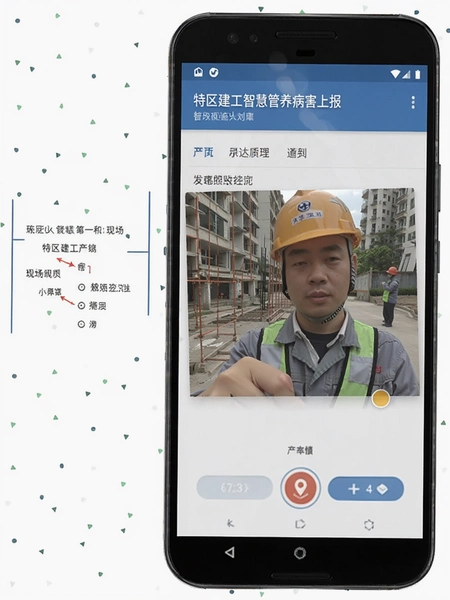 安卓手机界面展示特区建工智慧管养病害上报页面,现场拍照定位操作示意图