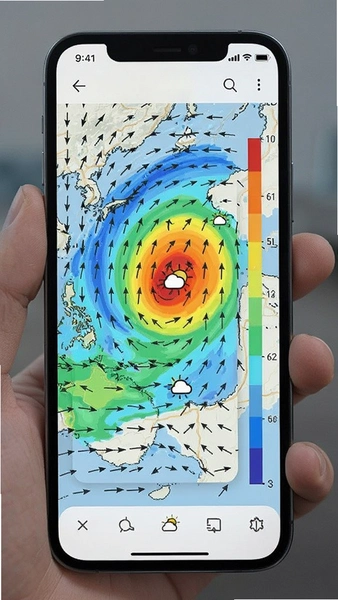 手机屏幕上显示流动风场箭头与彩色风速图层的天气地图界面