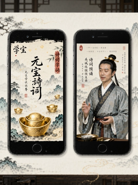 元宝学诗词古风界面与诗词朗诵页面预览图
