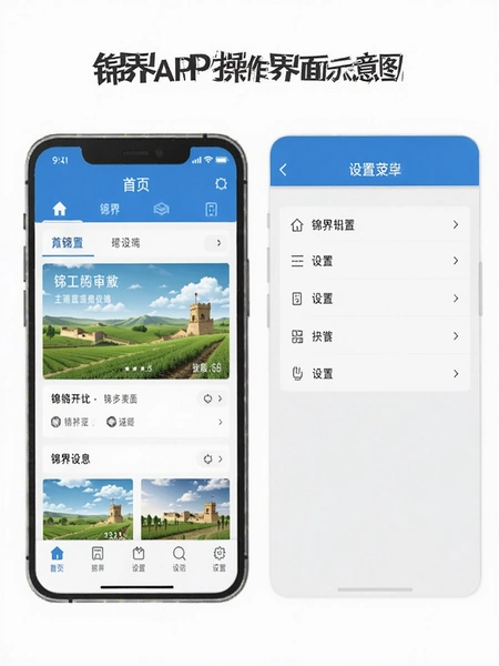 锦界APP操作界面示意图,展示首页导航和设置菜单布局