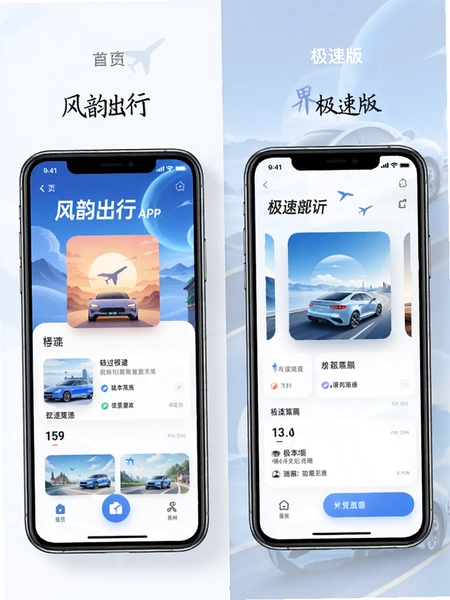 风韵出行APP首页与极速版界面对比预览图