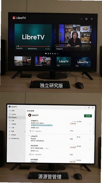 LibreTV独立研究版播放界面与源管理界面并排展示图