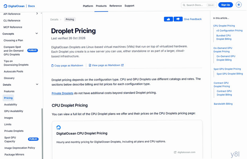 DigitalOcean�ٷ�Droplet�Ʒ��ĵ�ҳ�棬��ʾ�ĵ�����ͺ�������