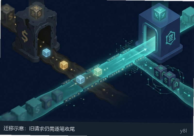 旧版在途队列与新版转账通道分开处理的概念示意
