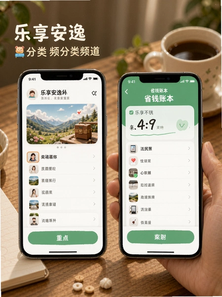乐享安逸分类频道和省钱账本界面