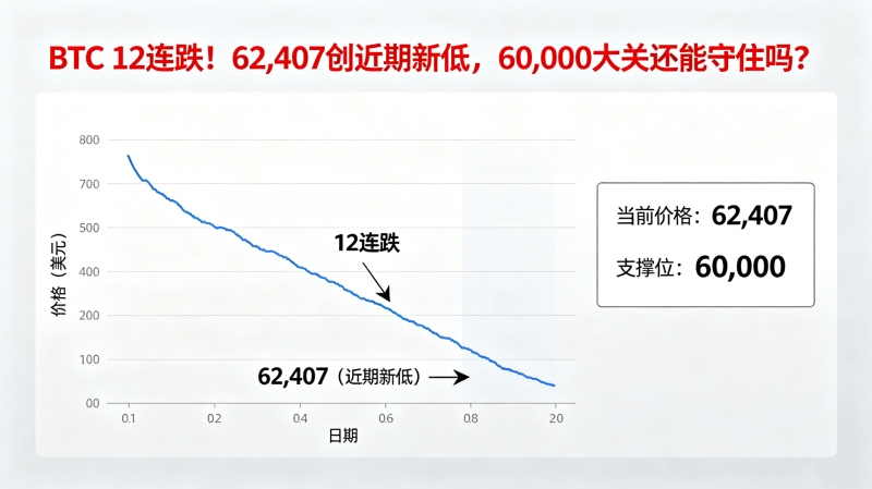 BTC 12连跌!62,407创近期新低,60,000大关还能守住吗? BTC 12连跌!62,407创近期新低,60,000大关还能守住吗?