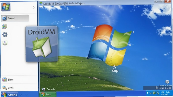 DroidVM虚拟电脑安卓版 主界面 左侧悬浮工具栏 右侧虚拟机桌面 显示Windows XP经典壁纸 布局简洁 风格拟物 细节包括开始菜单图标 画质清晰 干净无多余元素