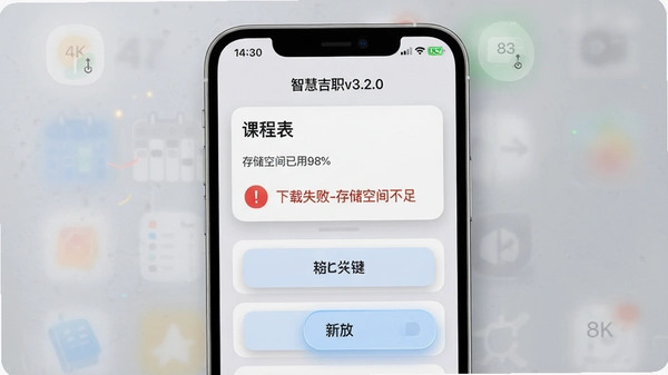 ���壺�ǻۼ�ְv3.2.0�ֻ����棬������ʾ���γ̱�����Ƭ���·��к�ɫ��̾��ͼ����ʾ������ʧ��-�洢�ռ䲻�㡱��������֡��洢�ռ�����98%�������֣����й�ͼ������Ϊǳ��ɫĥɰ�ʸУ�����Ԫ�ذ���ֱ�б��Ű棻��񣺱�ƽ��+��΢��Ӱ������iOS���ϸ�ڣ�״̬����ʾʱ��14:30����ص���83%����ƬԲ��8px����ť��̬ͣ��ǳ��ɫ���������ʣ�4K�ֱ��ʣ��޶���Ԫ�أ��ɾ�������