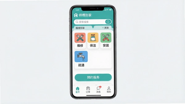 ����Ϊ�ֻ���Ļ��ʾʦ������APP��ҳ�����־��У��Ű���ÿ�Ƭʽ���࣬����ִ���ƽ����ϸ�ڰ���������������ͼ��ʽ���ࣨ��ά�ޡ��������ࡱ������װ��������ͨ���ȣ����ײ�������������ҳ������������������Ϣ�������ҵġ������ʸ���ɾ��޶���Ԫ�أ����������ֱ�ע��ʦ�����ҡ�Ӧ�����Ƽ���ԤԼ���񡱰�ť