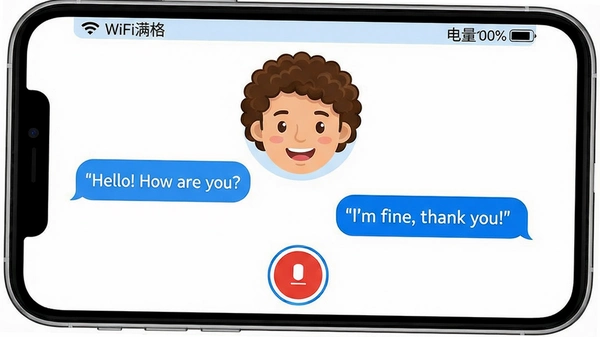 �ֻ���Ļ����չʾApp�Ի����棺�ϰ벿��Ϊ������̿�ͨͷ����ɫ������΢Ц���飩��������������֡�Hello! How are you?�����Ҳ��û����������֡�I'm fine, thank you!�����ײ��м��к�ɫ¼����ť������Ϊ�ɾ��ֻ�ģ�Ϳ��ڣ���ƽ��UI��񣬰׵�+��ɫ����ɫ��ϸ�ڴ����ݱ�Ե��Բ�ǣ�����״̬����ʾ��WiFi���񡱺͡�����100%�������ʸ�������㣬�޶���֪ͨ������Ԫ�أ�ͼƬ���������־���˫���š�
