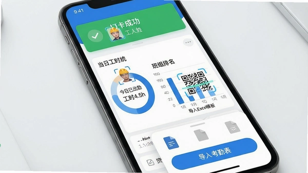 主体为工地考勤助手软件的手机截图界面,布局采用上中下三栏排版,顶部显示“打卡成功”绿色提示与工人姓名,中间是当日工时统计圆环图与班组排名柱状图,底部为“导入考勤表”按钮与文件选择浮窗。风格为现代扁平UI,蓝色主色调配白色卡片,细节处突出活体人脸检测框与动态二维码扫描动画。画质为高清写实渲染,干净无多余元素,屏幕内文字标注“今日已出勤”“工时4.5h”“导入Excel模板”。