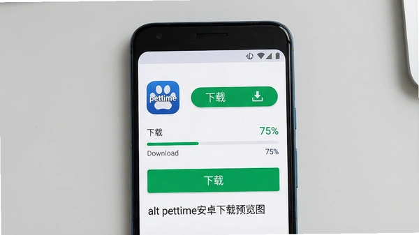 ���壺һ����׿�ֻ���Ļ��ʾpettimeӦ������ҳ�棬���֣��ֻ����У�����Ϊǳ��ɫ���棬�Ű棺ҳ�涥���С�pettime��ͼ��͡����ء���ť����񣺱�ƽ��UI��ƣ�ϸ�ڣ����ؽ�������ʾ75%����ťΪ��ɫ�����ʣ�����ɾ��޶���Ԫ�أ�ͼƬ���֣���ť��д�����ء���alt=