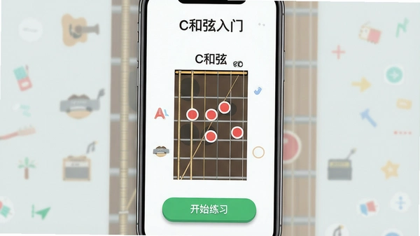 ���壺�ֻ���Ļ��ʾFinger App�ļ���ָ����ѧ���棻���֣������������Ű棺�����пγ����ơ�C�������š����м��Ǽ���ָ��ͼ��ָ���ϱ�ע��C���ҡ���������ָλ���ú�ɫԲ���ǣ��ײ�����ɫ����ʼ��ϰ����ť����񣺱�ƽ��UI��ɫ���������죻ϸ�ڣ�ָ��ͼ����ʾ�������Һ�Ʒ˿���ײ���ť��Ե����΢��Ӱ�����ʣ�����ɾ����޶���Ԫ�ء�alt=