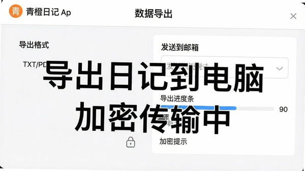 主体为青橙日记App的“数据导出”设置界面,布局居中,左侧显示“导出格式”选项(TXT/PDF),右侧为“发送到邮箱”输入框,排版简洁清晰,风格为现代扁平化UI,细节包括“导出进度条”和“加密提示”文字标签,画质高清干净,无多余元素,图片中打文字“导出日记到电脑”和“加密传输中”。