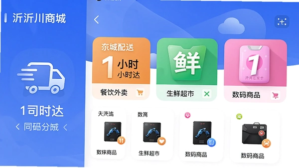 �ʴ��̳�App��ҳԤ��ͼ��չʾ�������������ʳ��С�������Ʒ���࣬�Լ�ͬ������1Сʱ��ı�����������죬ͼ������