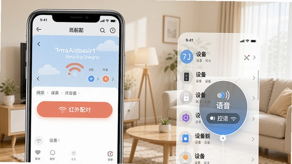 万能遥控器app下载页面预览图,展示首页红外配对按钮、设备列表和语音控制悬浮球,界面简洁清晰,背景为浅色家居场景。