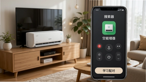 ����ң����app��Խ��棬�ֻ���Ļ����ʾ���������յ��豸����Χ�м�ͥ�����������յ�ģ�����ڵ��ӹ��ԣ��ֻ��ײ��С�ѧϰ��ԡ���ť������ʾ