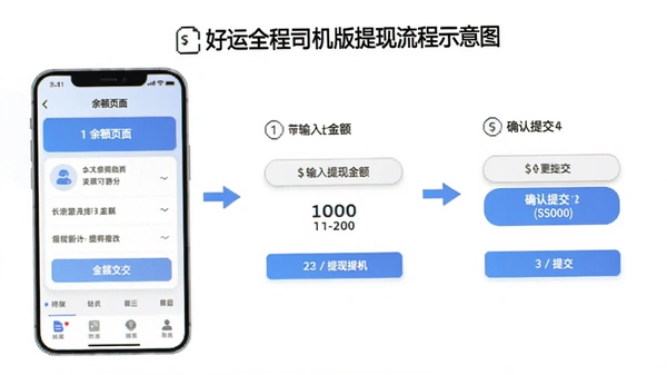 好运全程司机版提现流程示意图,包含余额页面、输入提现金额、确认提交三个步骤,文字清晰无乱码,白色背景,蓝色按钮