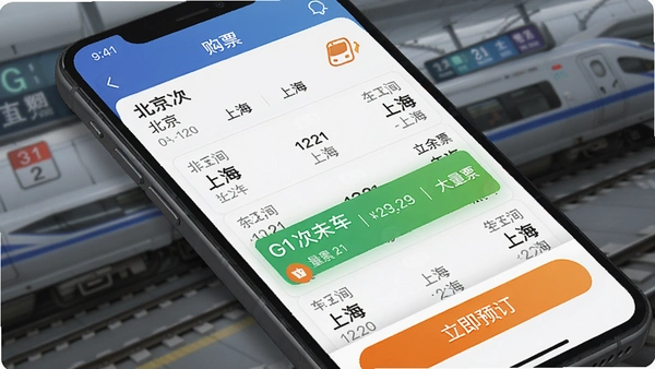 ��Ʊ��ѯ��ƱApp���ֻ����棬չʾ�ӱ������Ϻ����г�ʱ�̱�������G1���г��д�����Ʊ���·��С�����Ԥ������ť������������ɫ�����죬չʾ��ѯ����͹�Ʊ���