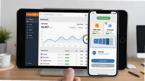 Zoho CRM�ֻ����¼������ͻ���������Ԥ����չʾ�Ǳ��̡����۹ܵ���AI����Zia�Ŀ����ڣ����������Ĳ�����ť��״̬��ʾ
