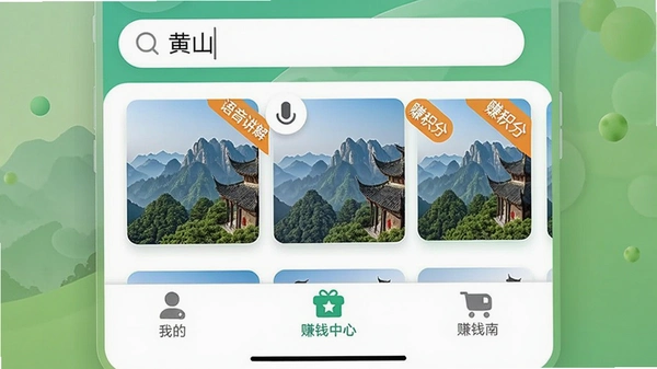 乐途旅游App主界面截图,上方搜索栏显示“黄山”关键词,中部景区卡片带“语音讲解”和“赚积分”角标,底部导航栏高亮“我的”标签内“赚钱中心”入口,整体风格清新简洁