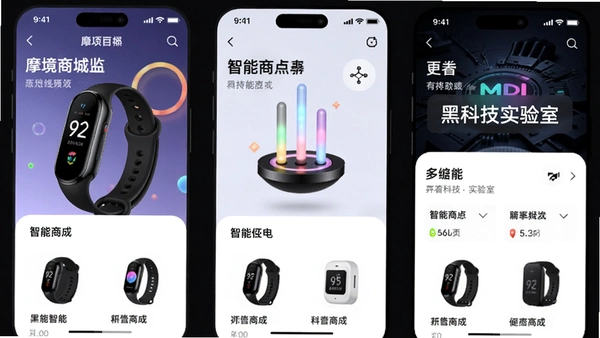 摩境商城APP首页预览图,展示黑科技智能手环、磁悬浮灯等精选商品,界面风格年轻化,带有“黑科技实验室”入口标签