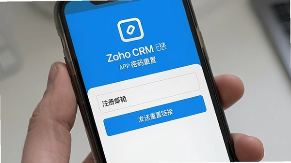 Zoho CRM App�ֻ����������ý��棬��ʾ����ע��������ı���͡������������ӡ���ť������Ϊ���׼�Լ���