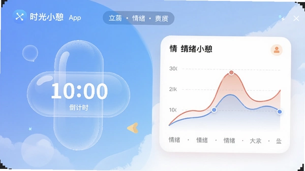 时光小憩App主界面预览,展示倒计时胶囊和情绪曲线模块