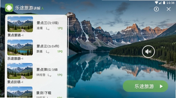 乐途旅游讲解App安卓版下载安装界面,展示景点列表和语音播放按钮,背景为自然风光
