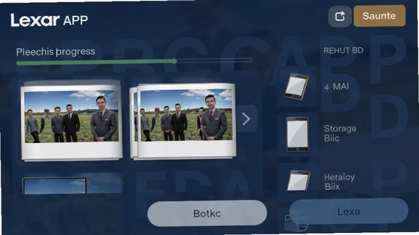 Lexar APP�ֻ����������ͼ����ʾ��Ƭ���ݽ��Ⱥʹ洢�豸�б��������࣬���ܰ�ť����������Ϊ����ɫ����
