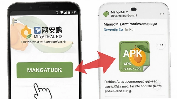 MangoMis安卓版下载安装步骤示意图,界面显示官网下载按钮和权限说明,红色箭头指向APK安装包