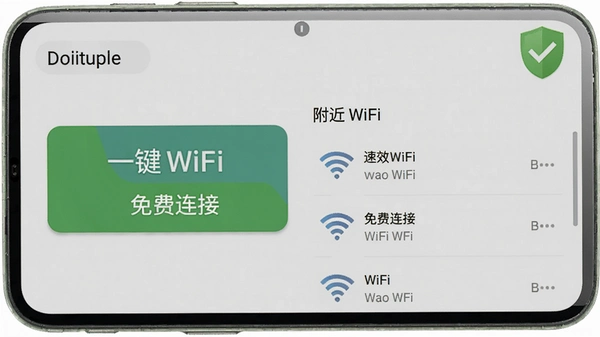 ��Ч��WiFi��׿��APP�����棬��ʾһ�����Ӱ�ť�͸���WiFi�б�����������������ɫ��ťͻ����������ӡ����������Ͻ��а�ȫ����ͼ��