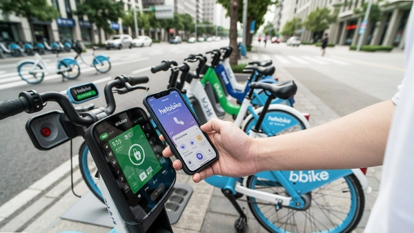 һ���û���վ��·�����ֻ��� hellobike app ׼��ɨ�뿪���������ǳ��нֵ��͹�������ͣ�ŵ㣬����ɾ�����