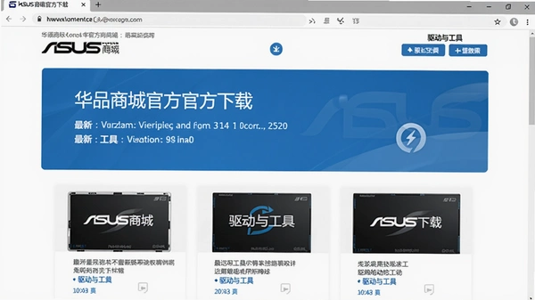 华硕商城官方下载界面截图,蓝色主题,显示最新版本信息和“驱动与工具”分类,简洁清晰