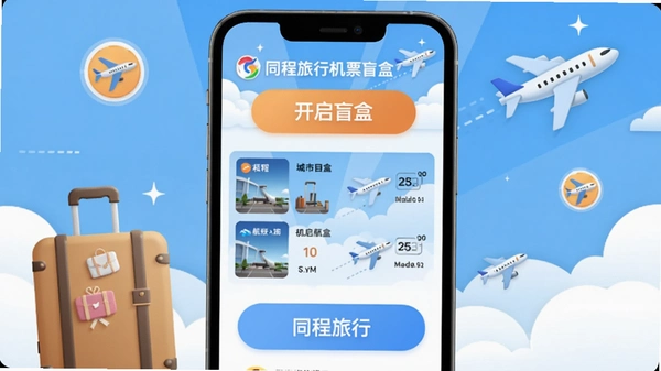 同程旅行机票盲盒开盒界面,用户点击“开启盲盒”按钮,显示随机目的地城市和航班信息,背景配有行李箱和飞机图标,整体风格明亮活泼,图标无乱码文字。