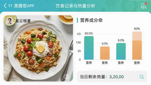 ���Ź�APP����ģ�����ʳ��¼���������������ͼ����ʾ�û����ϴ������ͼƬ��Ӫ���ɷ�����ͼ�͵���ʣ��������ɫ�����·��Ͻ�����λ