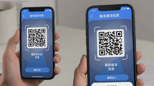 二维码版本查询助手工具界面,用户手机扫描二维码,屏幕显示最新版本信息