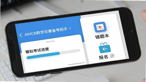 手机屏幕上展示AMC8数学竞赛备考助手软件界面,左侧显示模拟考试进度条,右侧有错题本和报名入口图标,背景为蓝白配色,整体清晰简洁