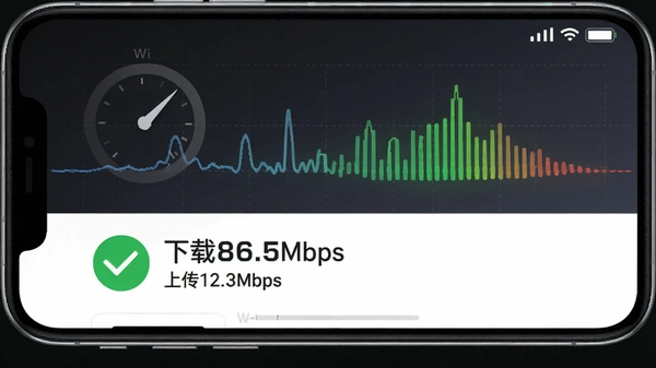 ���ܲ��������ֻ�������ʾWi-Fi���ٽ������ɫ�Թ��Ա�ע������86.5Mbps�ϴ�12.3Mbps��������Ϊ�ź�ǿ�Ȳ���ͼ������ִ����