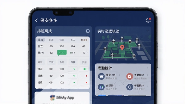 �������App������Ԥ��ͼ����ʾ�Ű����ʵʱѲ�߹켣������ͳ��������Ĺ���ģ�飬�ֻ�UI��Ƽ��רҵ������Ϊ����ɫ��