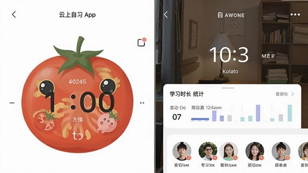 ������ϰapp�ķ���ʱ������ϰ�ҷ�Χ�����ͼ����ʾרע��ʱ��ѧϰʱ��ͳ�ƺ��û�ͷ���б���������¼�Լ